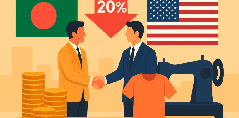 Bangladesh Secures 20% US Tariff: A Win for the Garment Industry 1 Illustration of Bangladesh-US trade deal with reduced 20% tariff, showing handshake between businessmen, flags, garment industry icons, and coins.